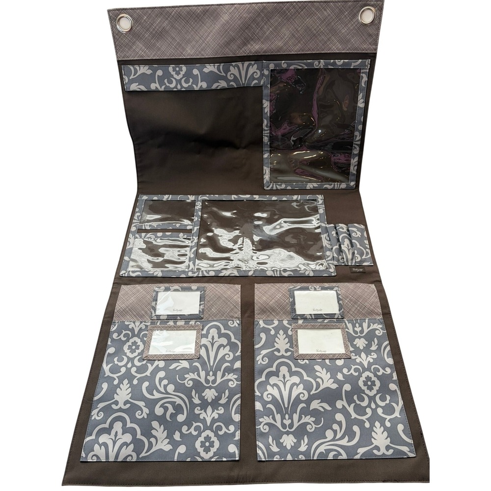 Thirty-One Hanging Wall Organizer Brown Gray Damask Plaid Canvas Pocket Storage
